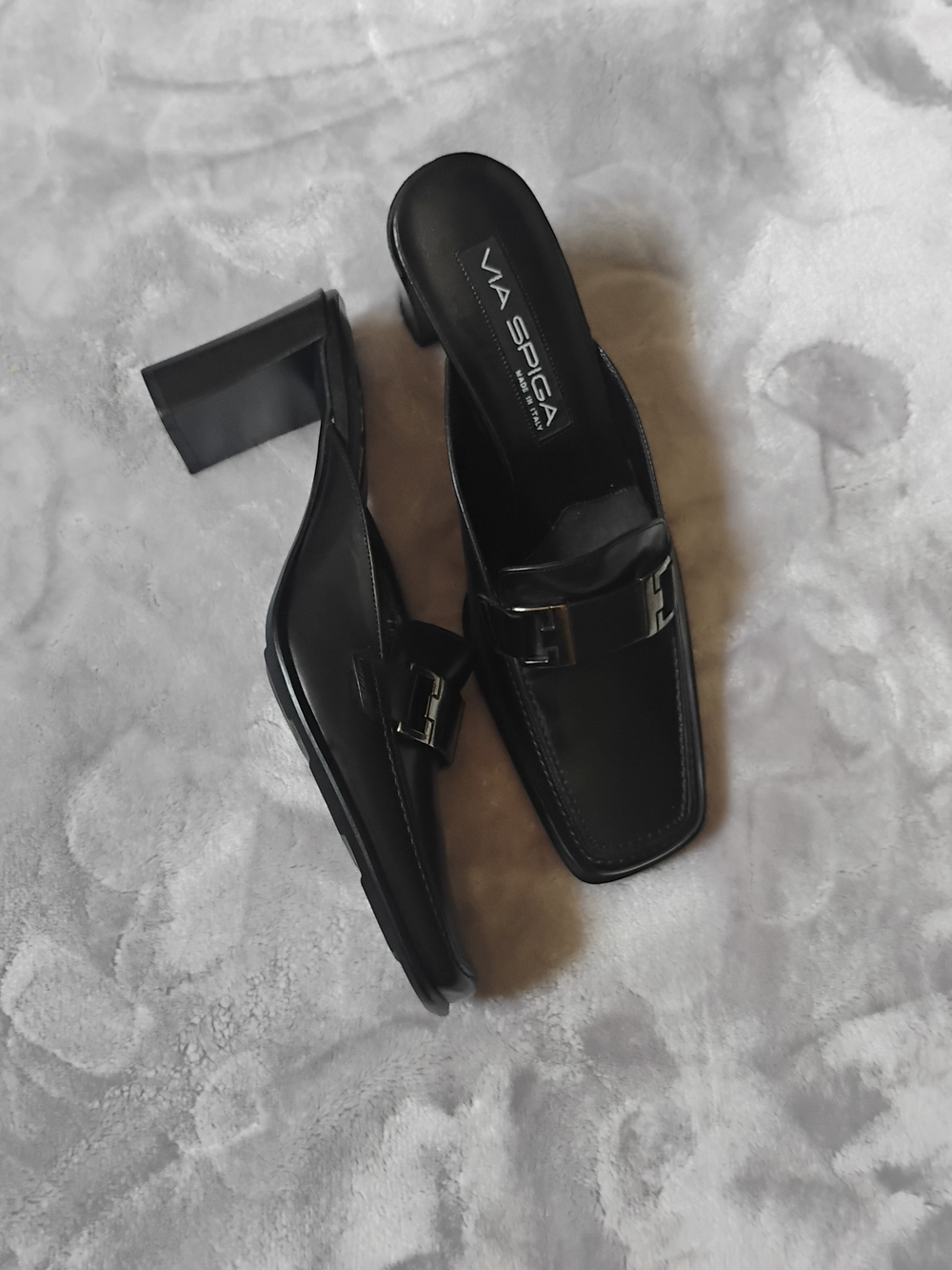 Via Spiga Black Leather Block Heel Loafers